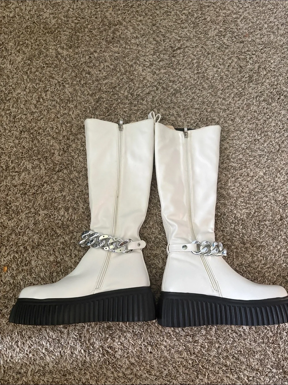 Nasty Gal White Platform Knee-High Boots with Chain Accent. Size 8